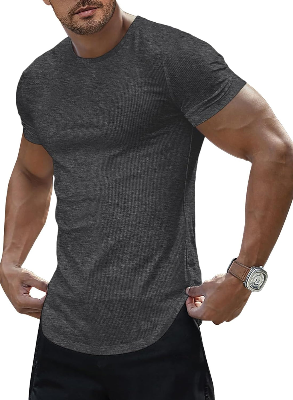 Mens Short Sleeve T Shirt Summer Muscle Slim Fitted Crewneck Longline Tees Shirts for Gym Workout