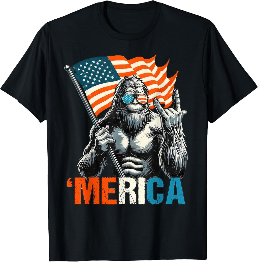 Bigfoot Merica Rock American Flag Patriotic 4th of July T-Shirt