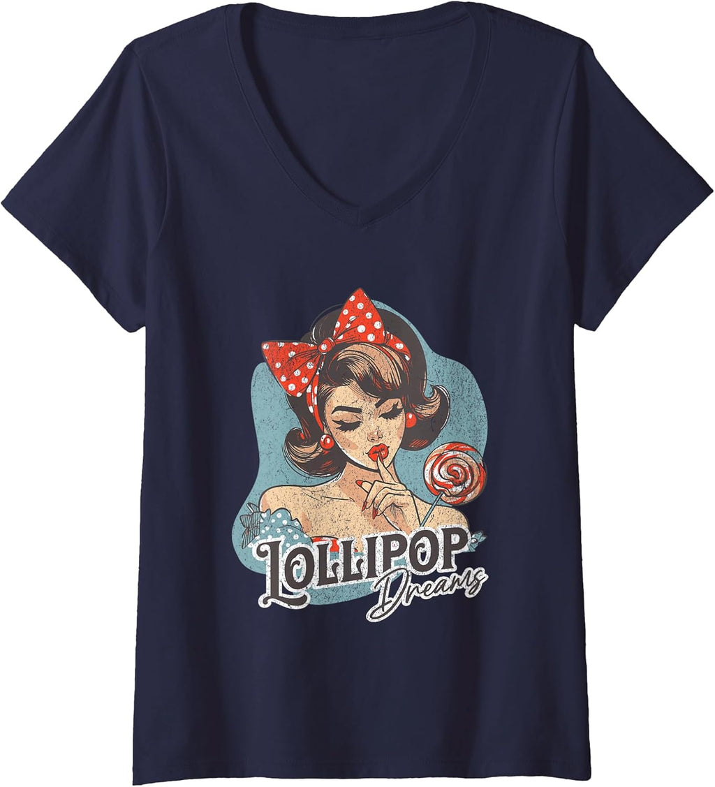 Women's Lollipop Dreams Retro Girl Pop Art Tee V-Neck T-Shirt