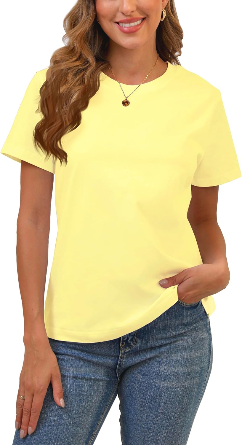 100% Cotton Premium Women's Light Yellow Short Sleeve Crew Neck T-Shirt, Regular Fit Casual T shirt Tops, Basic Tees, Tshirt, Tshirt, Medium