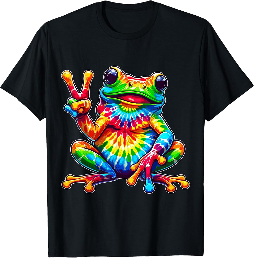 Tie-Dye Frog Peace Sign Hippie Multicolor Cotton 100% T-Shirt Unisex-Adults Small Classic Fit Crew Neck Short Sleeve