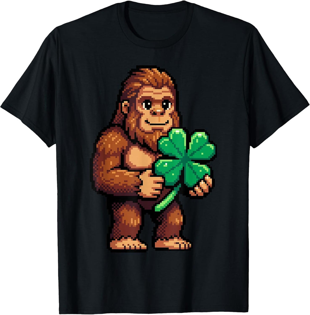 St Patricks Day Bigfoot Sasquatch Shamrock Lucky Pixel Art T-Shirt