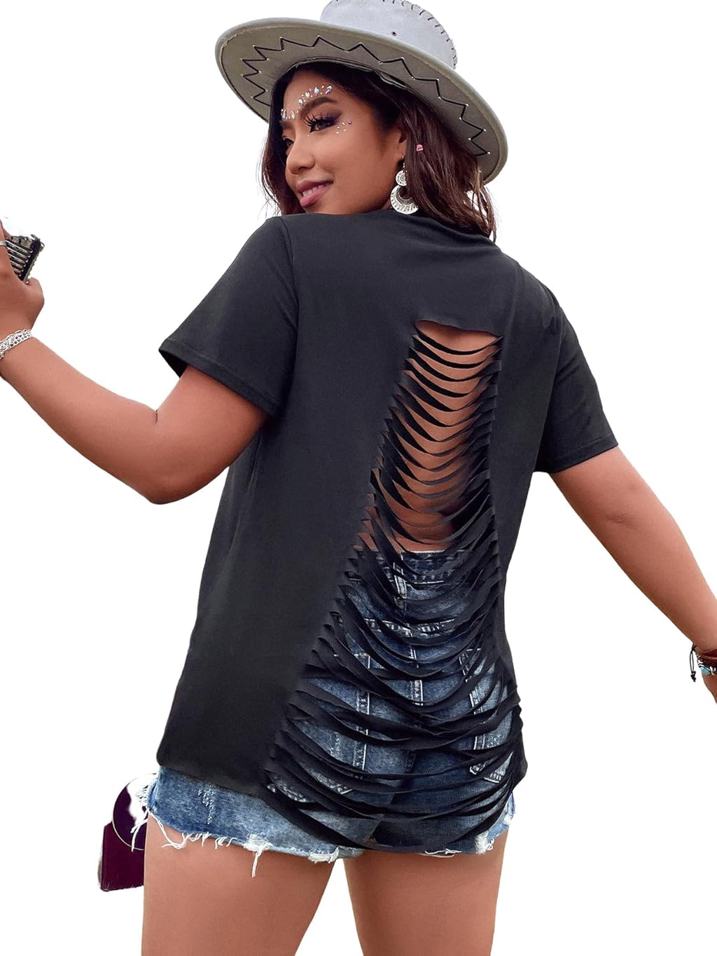 Women's Plus Size Fringe Tops Punk Criss Cross Ripped Open Back T Shirt Short Sleeve Backless Tee Top