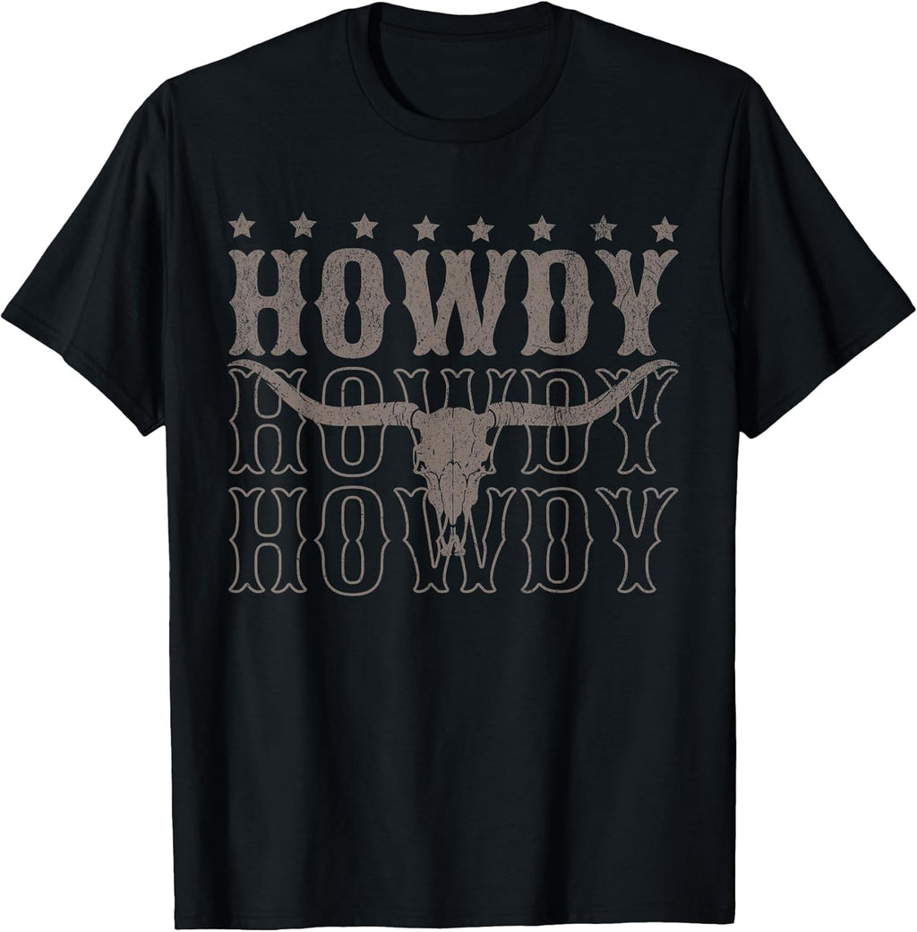 Retro Howdy Cow Bull Skull Cowboy Cowgirl Western Country T-Shirt