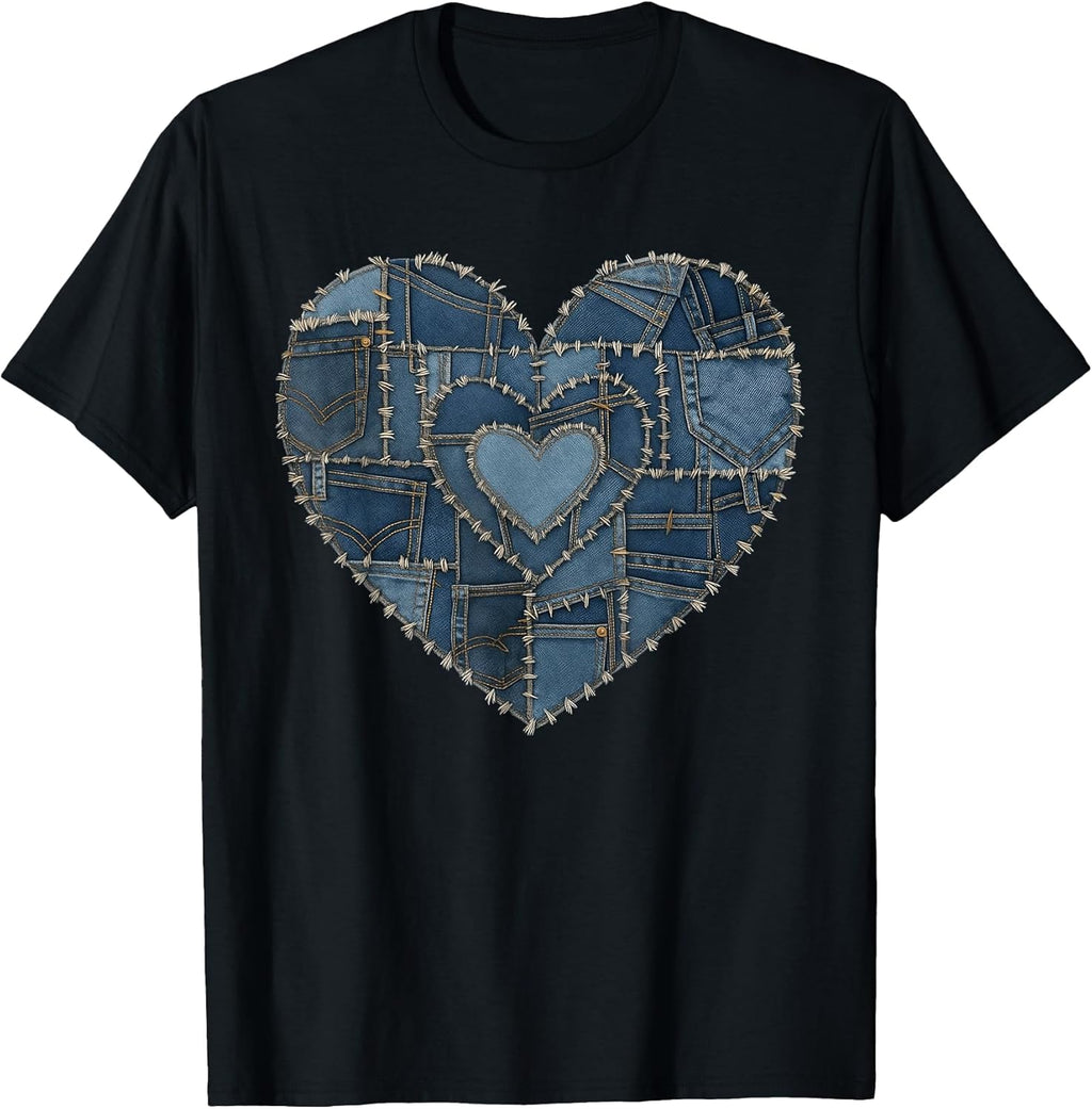 Grunge Heart Aesthetic Blue Denim Patchwork Graphic T-Shirt