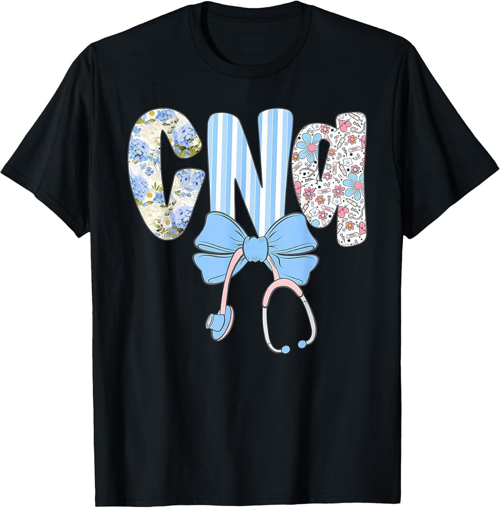 Coquette CNA Nurse Blue Floral Stethoscope Bow Cute Nurse T-Shirt