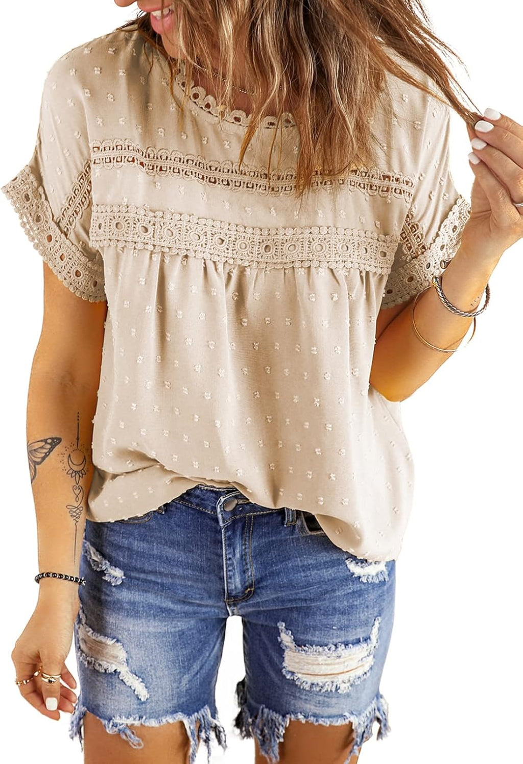 Womens Summer Tops Crewneck Lace Crochet Short Sleeve Shirts Casual Chiffon Blouses
