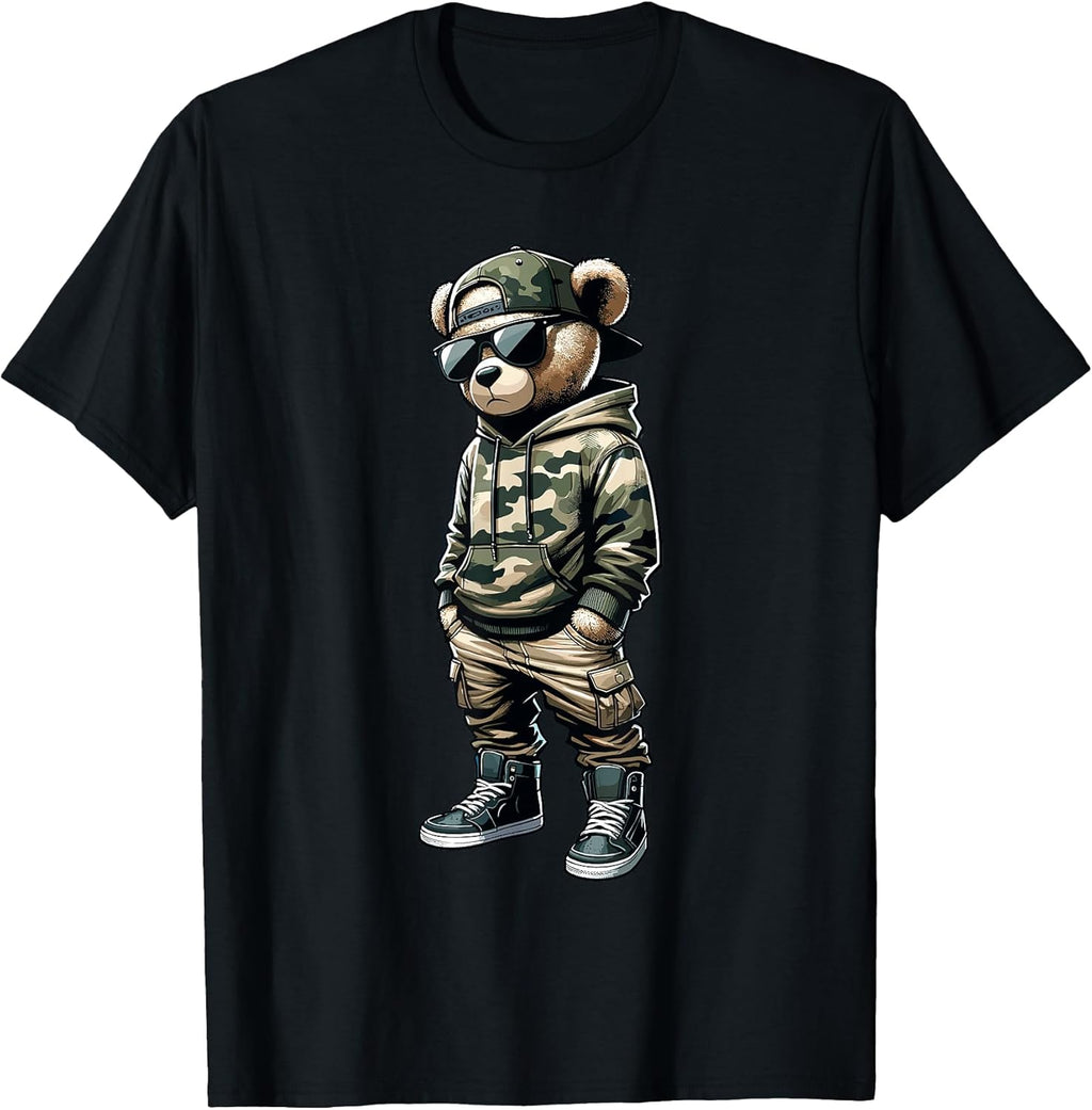 Camo Hip Hop Teddy Bear Cool Rapper Streetwear Graphic T-Shirt