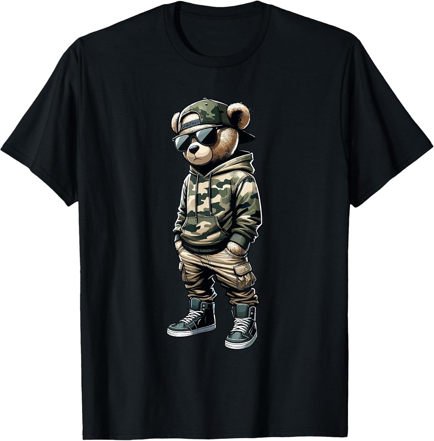 Camo Hip Hop Teddy Bear Cool Rapper Streetwear Graphic T-Shirt