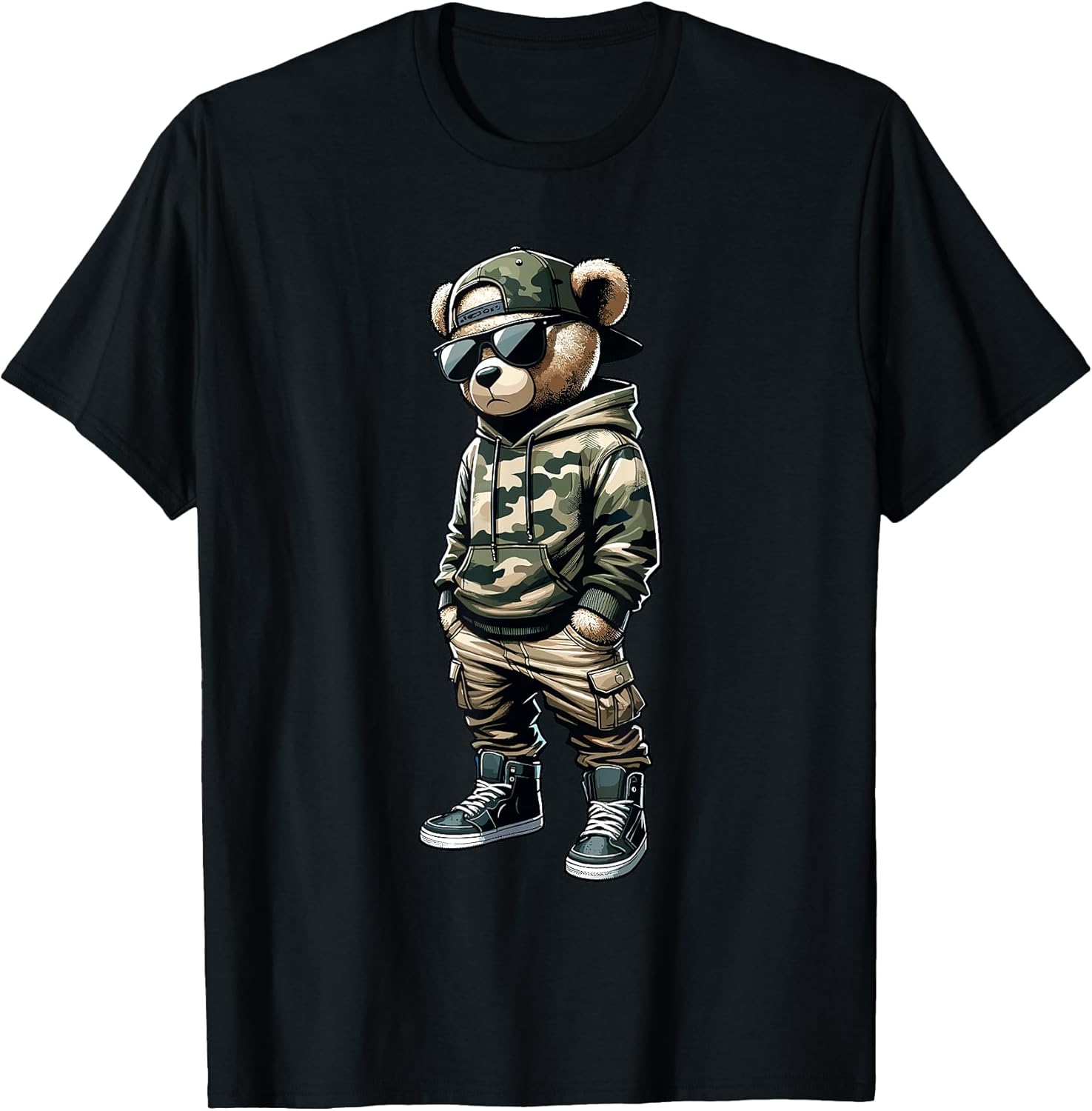 Camo Hip Hop Teddy Bear Cool Rapper Streetwear Graphic T-Shirt
