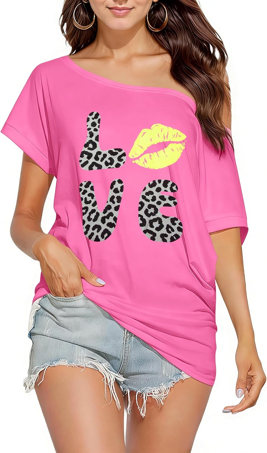 Oversized 80s Shirts for Women Neon Off the Shoulder Disco Tops 80s 90s Theme Party Outfit Hoodie, Sweatshirt (Image 1)