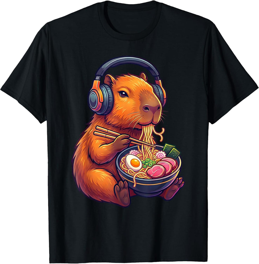 Funny Capybara Eating Ramen Noodles Japanese Men Women Kids T-Shirt