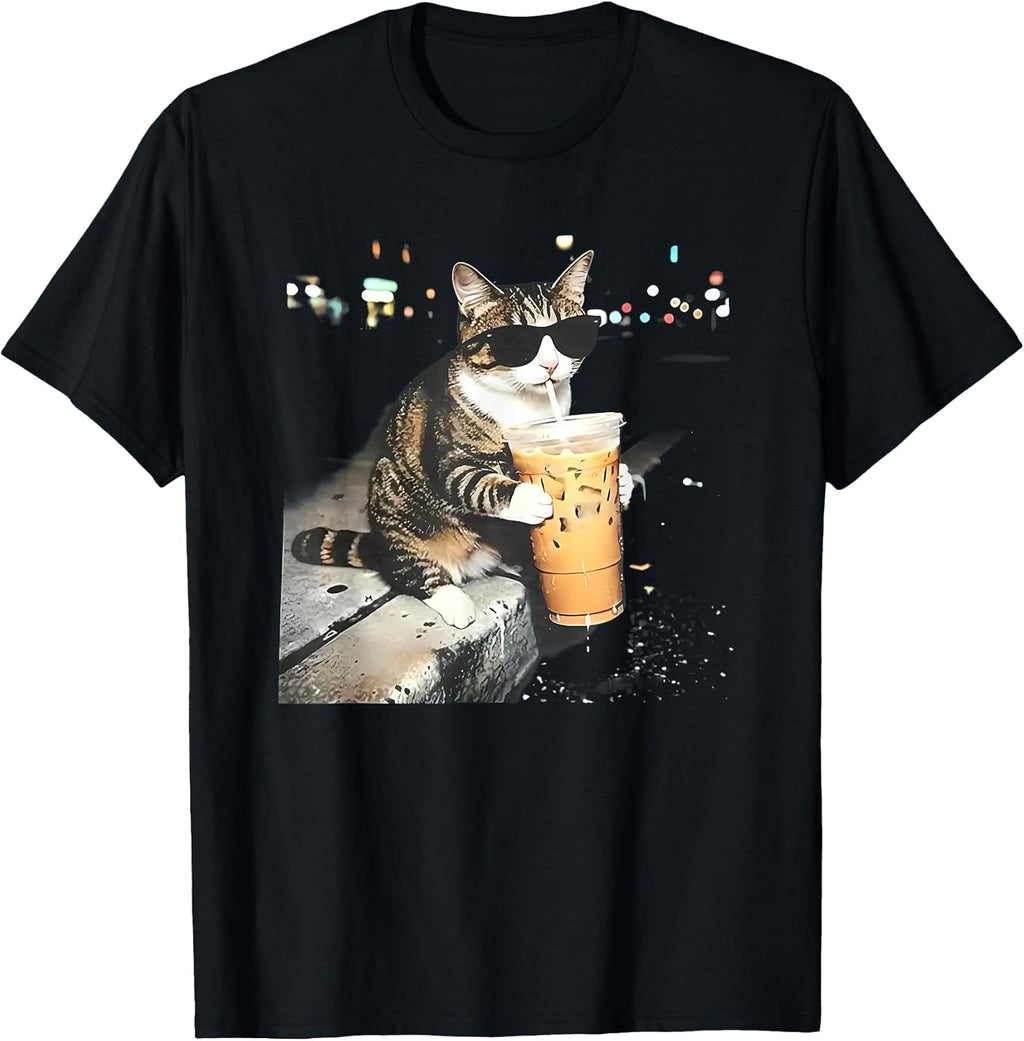 funny cat drinking iced coffee t-shirt