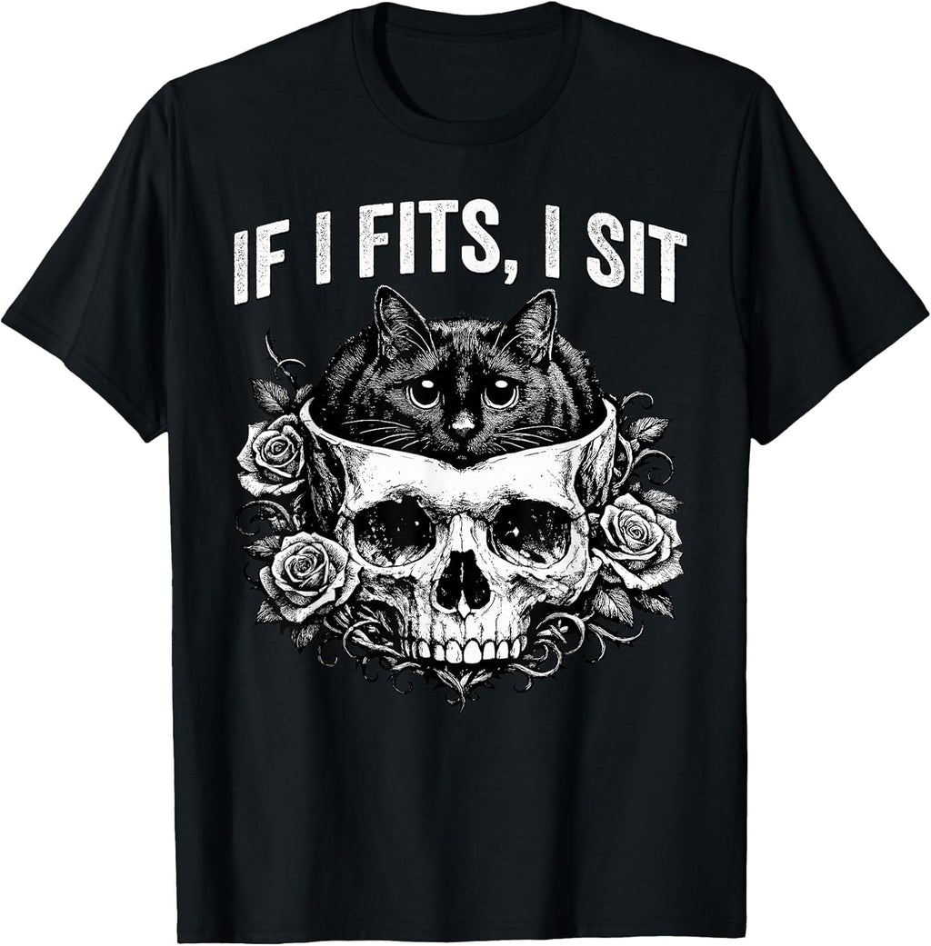 Gothic Black Cat Skull Minimalist Humor If I Fits I Sit T-Shirt