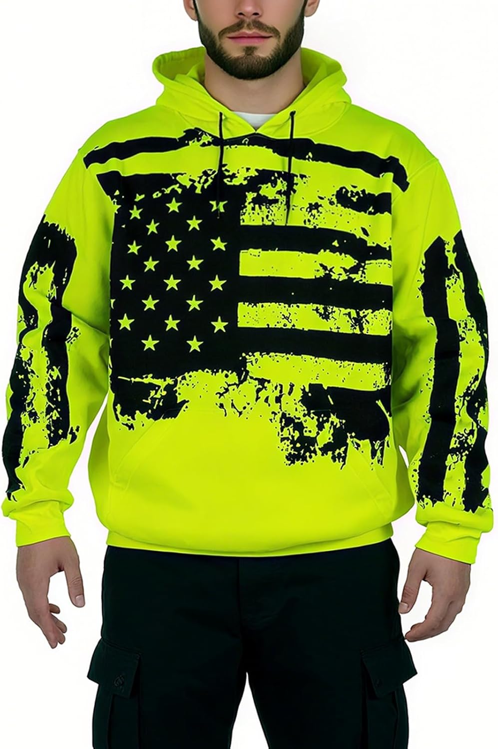 Graphic Hoodie for Men High Vis Pullover USA Flag Vintage Construction Work Fleece Sweatshirt with Pocket