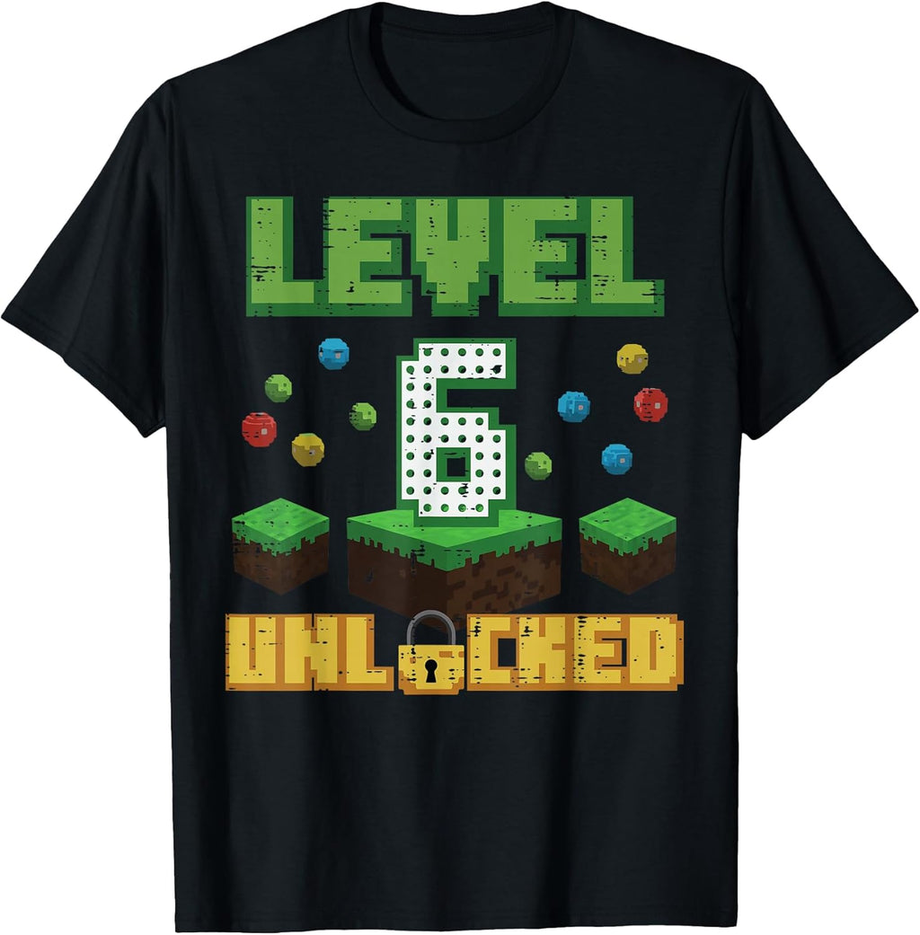 Level 6 Unlocked Pixel Gamer 6th Birthday Gaming Boys Kids T-Shirt