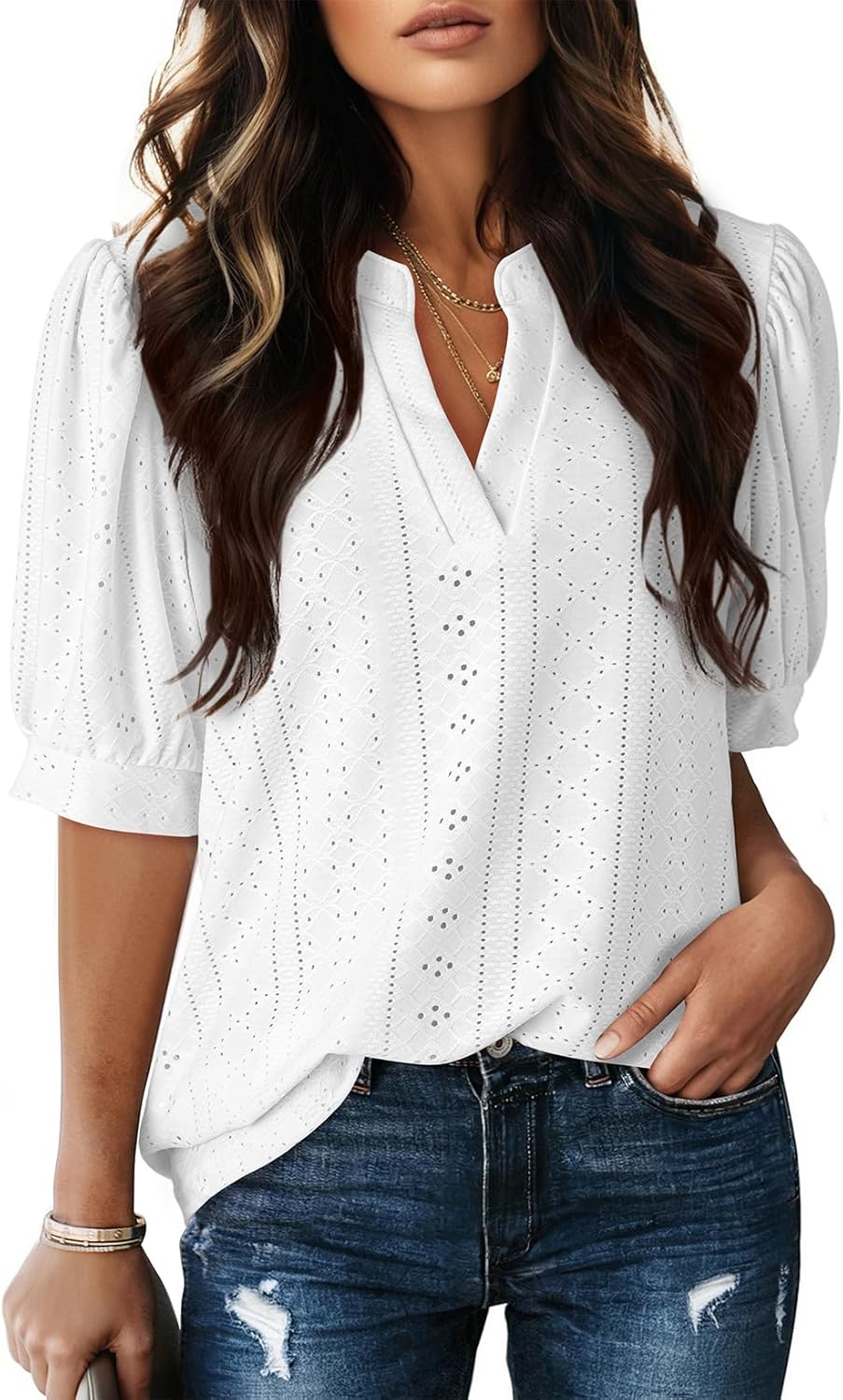 Womens Summer Business Casual Blouses V Neck Short Sleeve Shirts Hollow Out Cute Lace Tops