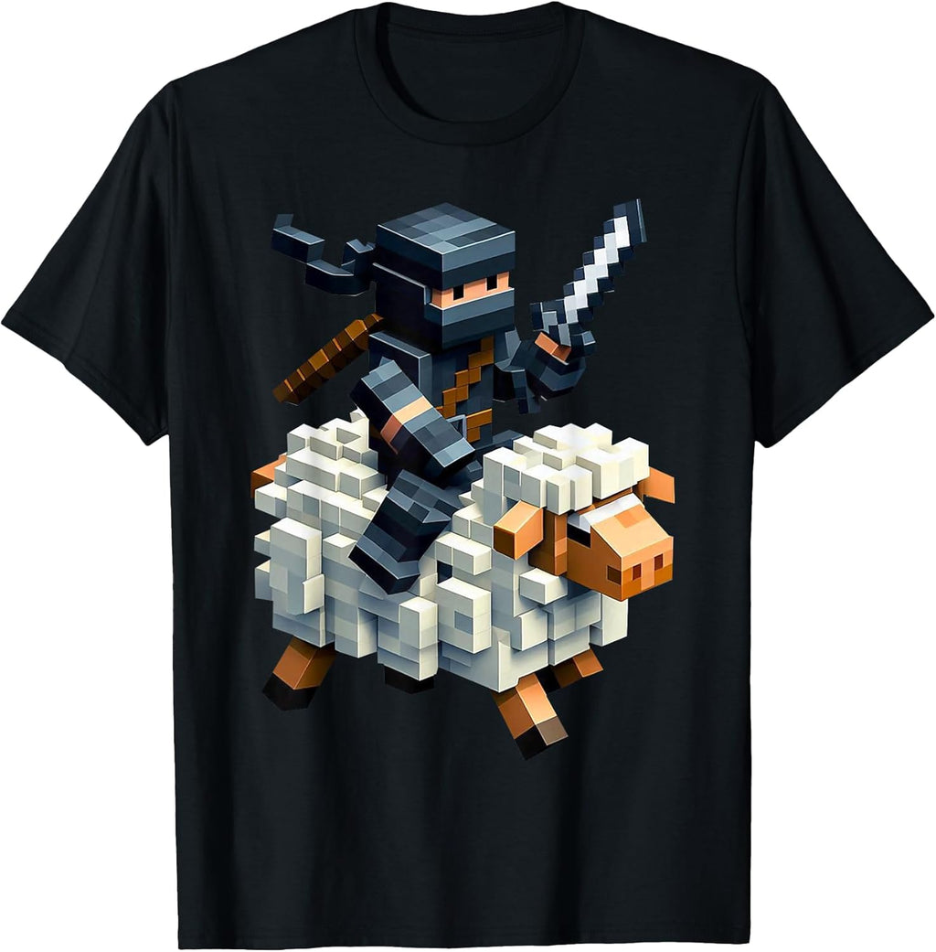 Ninja Riding Sheep Block Style Character Pixel Art Boy Gamer T-Shirt