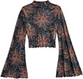 Women's Mesh Gothic Bell Sleeve T Shirts Mock Neck Paisley Halloween Hippie Crop Tops Brown Multi Large