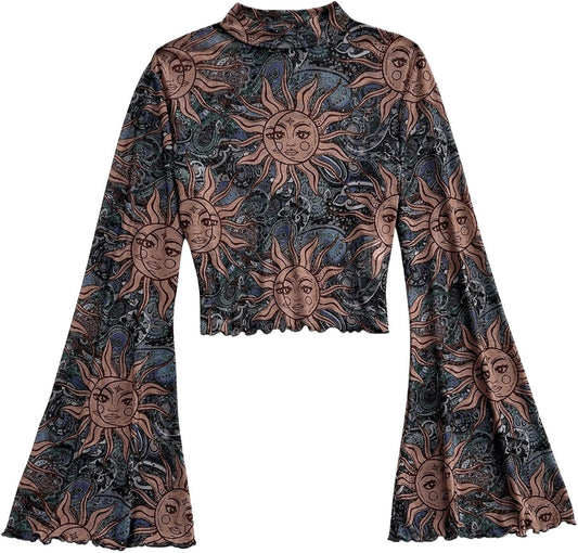Women's Mesh Gothic Bell Sleeve T Shirts Mock Neck Paisley Halloween Hippie Crop Tops Brown Multi Large