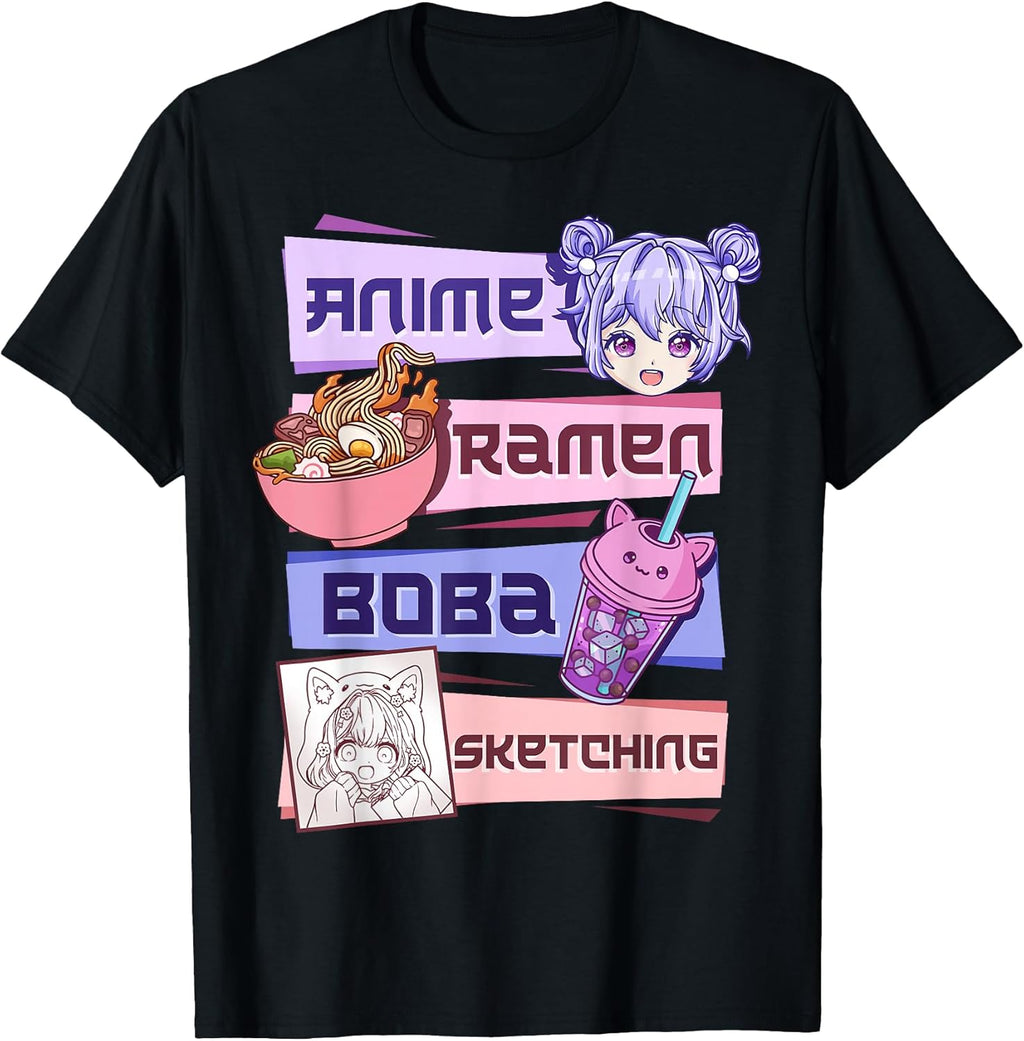 Anime Girl Ramen Boba Tea Bubble Tea Sketching T-Shirt
