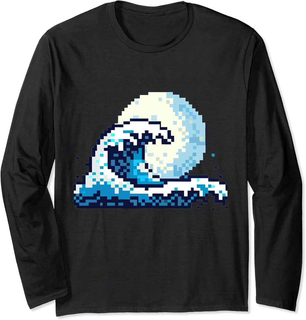 The Great Kanagawa Wave Pixel Art Retro Full Moon Japan Long Sleeve T-Shirt