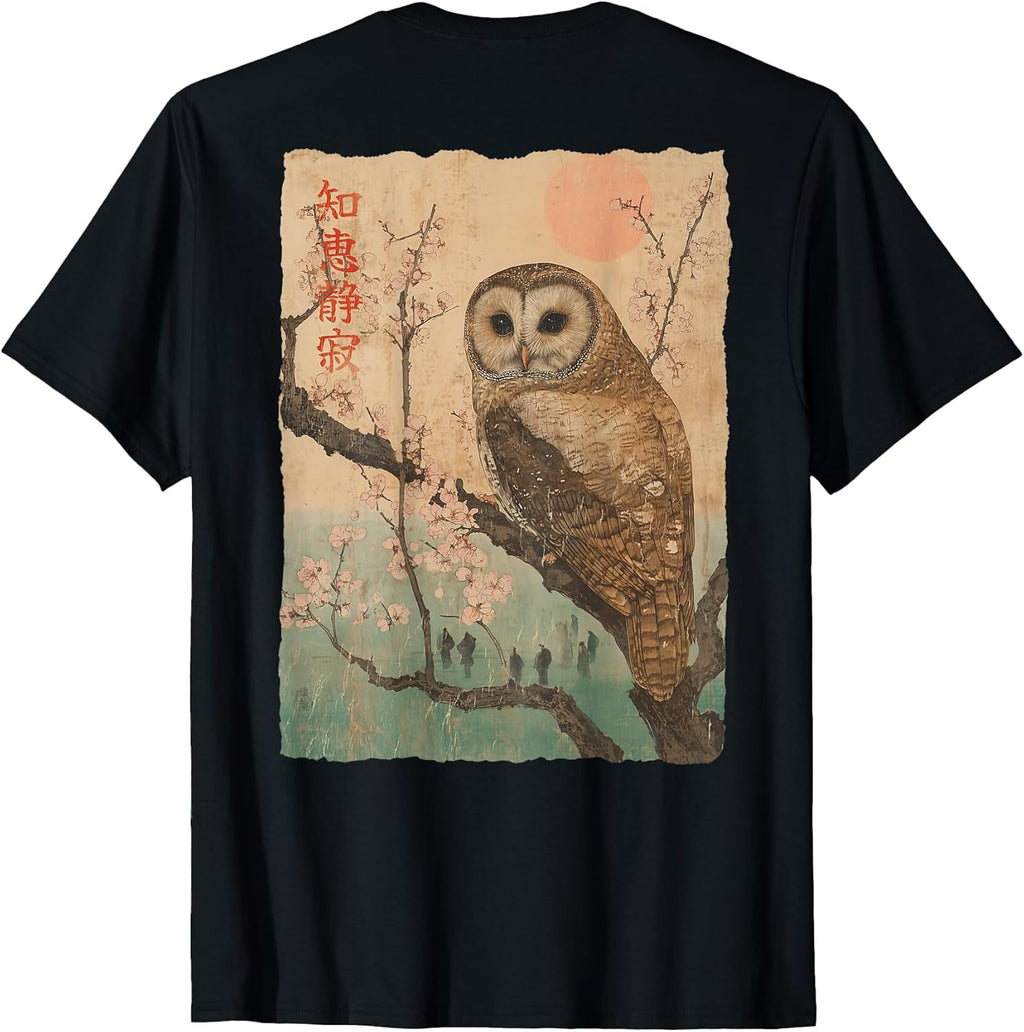 Wise Owl and Cherry Blossoms Japanese Woodblock Art Back T-Shirt