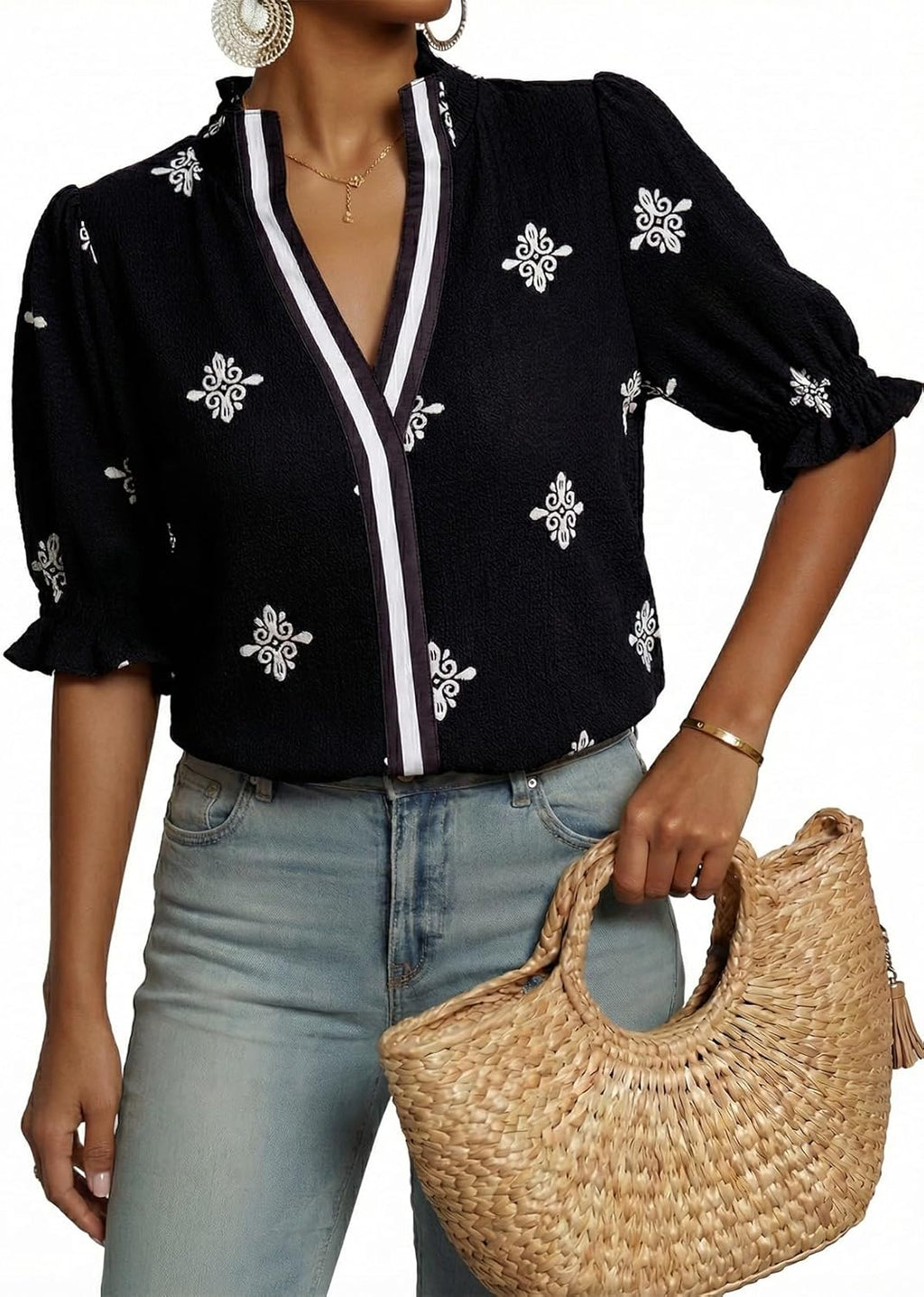 Women's Summer Boho Floral Ruffle Shirt Puff Short Sleeve V Neck Casual Trendy Cute Blouse Tops