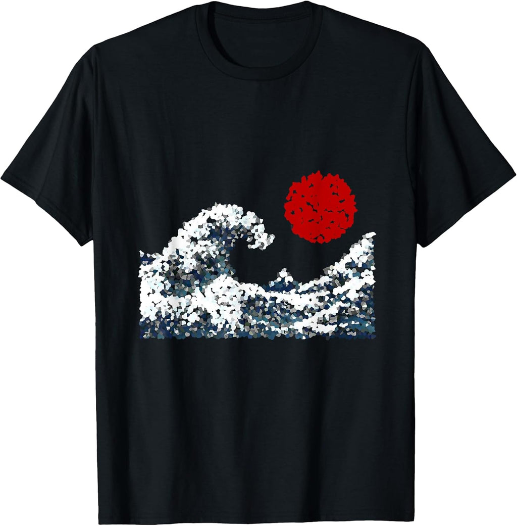 Funny Pixel Wave Red Sun Japanese Pixel Art T-Shirt