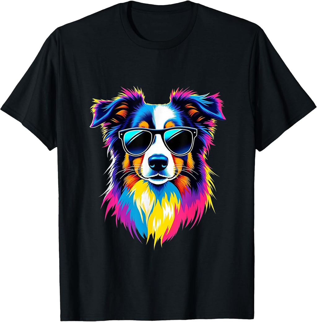 Funny Australian Shepherd with Sunglasses Pop Art T-Shirt