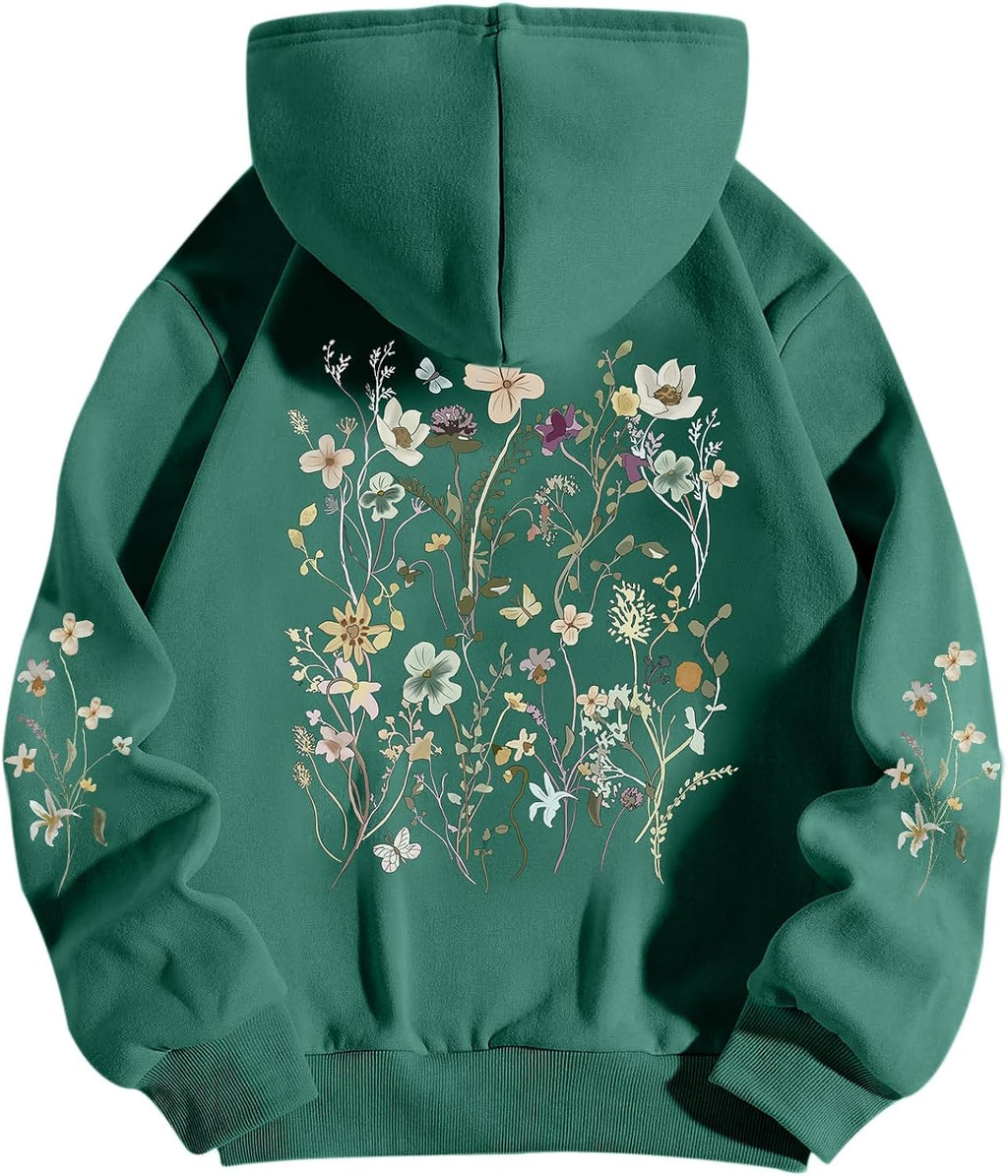 Women's Floral Printed Hoodies Vintage Aesthetic Flower Graphic Sweatshirt Cute Boho Fleece Thermal Hoodie Pullover
