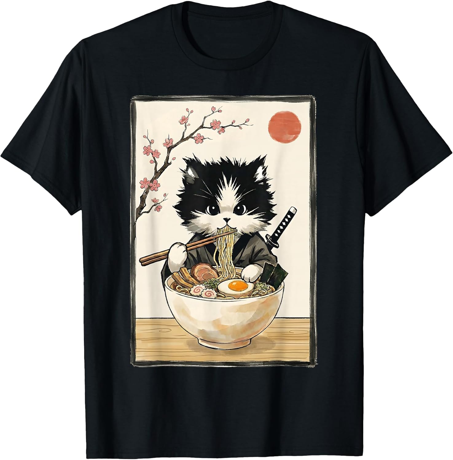 Samurai Cat Japanese Art Ramen Novelty Kawaii Funny Cat T-Shirt
