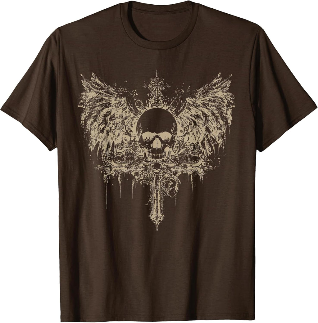 Y2K Grunge Aesthetic Alt Goth Skull Cross Gothic Emo Brown T-Shirt