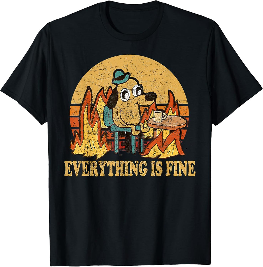 Everything is Fine Dog Drinking Coffee Burning Meme T-Shirt Small