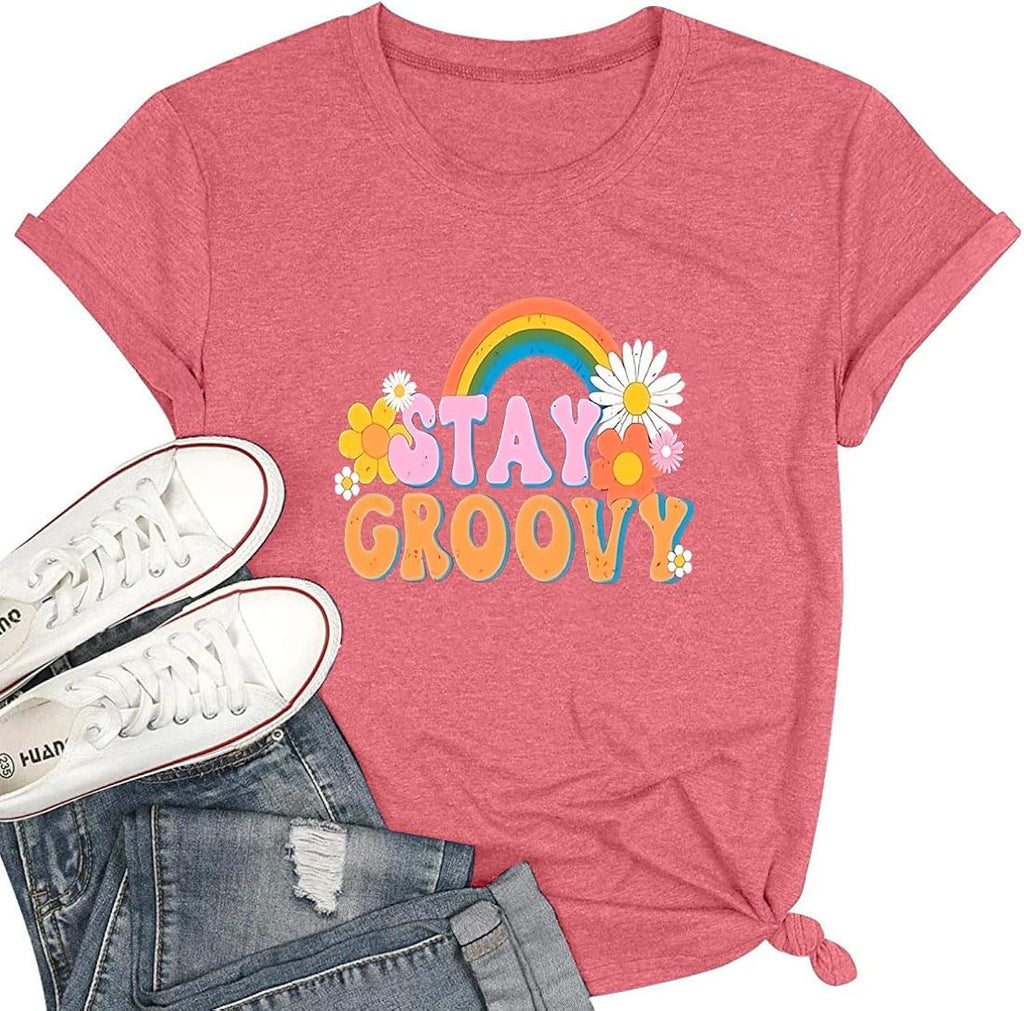 Women's Retro Hippie Style Stay Groovy Floral Pattern Shirt Hippie 70s Elements Short Sleeved Casual top