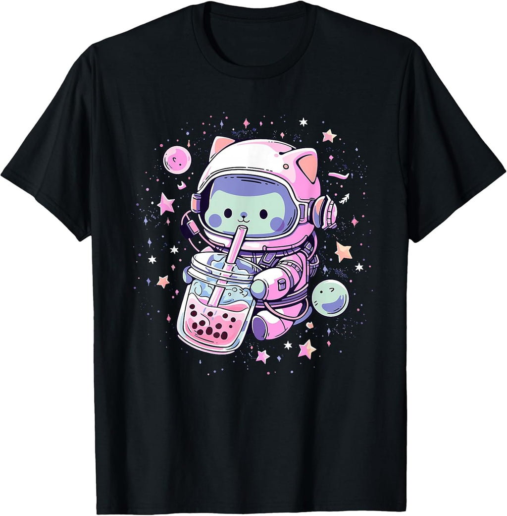 Kawaii Cat Bubble Boba Tea in Space Astronaut Anime Girls T-Shirt