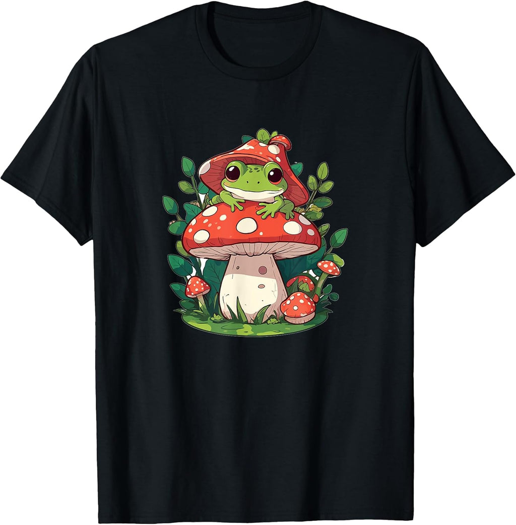 Cute Frog on Mushroom Cartoon Aesthetic Art T-Shirt - Unisex-Adults/Kids - Black - Short Sleeve - Classic Fit - Cotton 65%, Polyester 35%