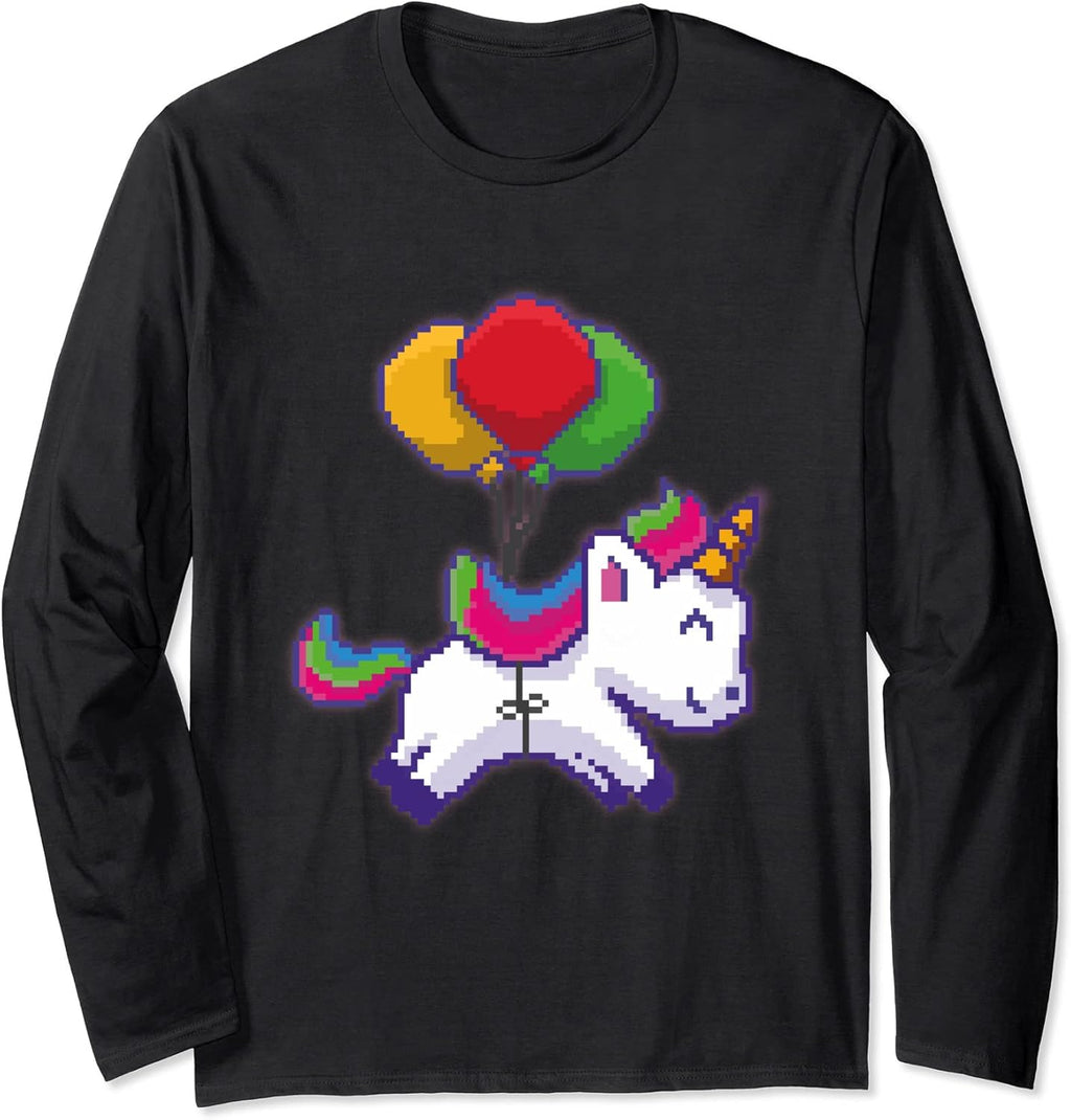 Pixel Art Unicorn on Balloons Long Sleeve T-Shirt