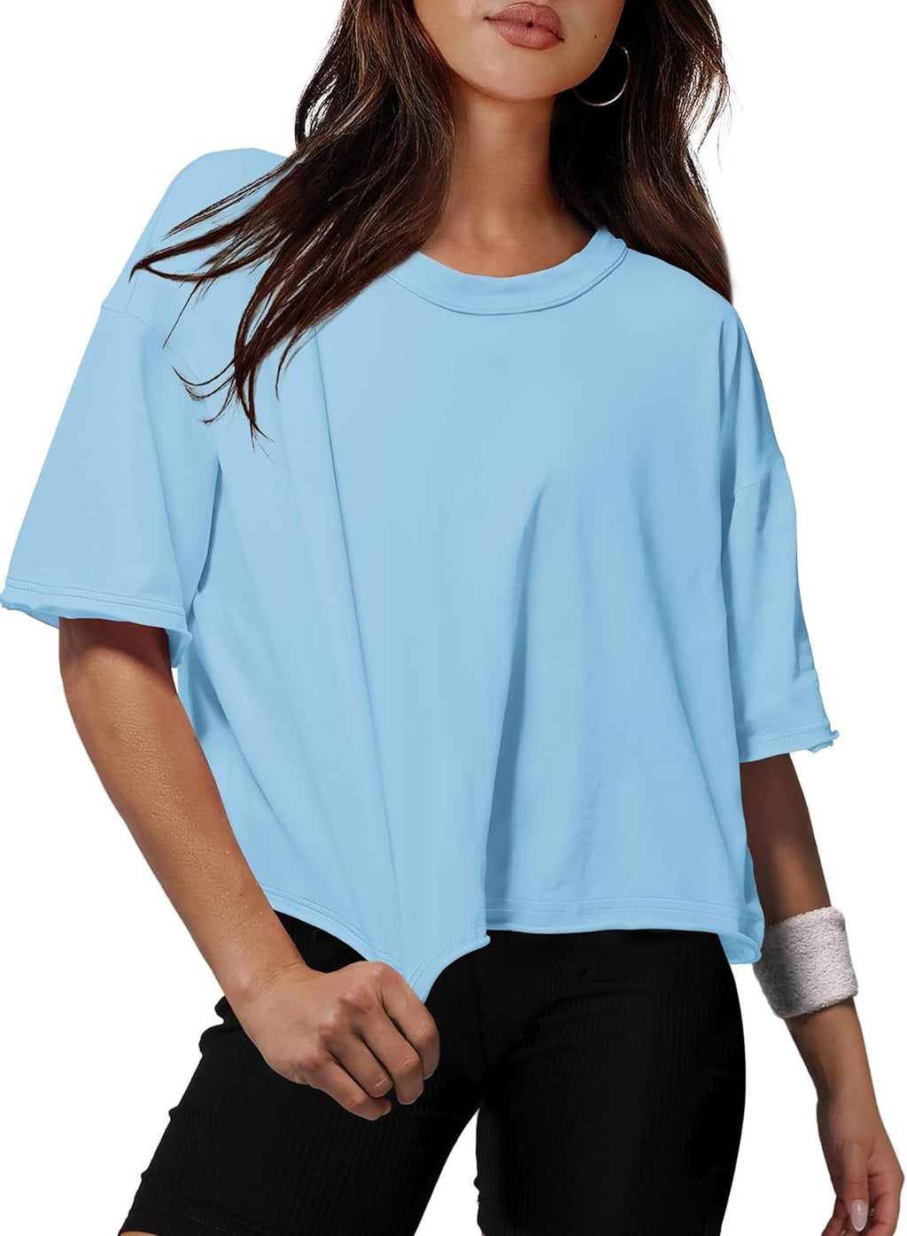 Cotton Tshirts for Women Drop Shoulder Round Neck Oversized Crop Tops Workout Tops Tees