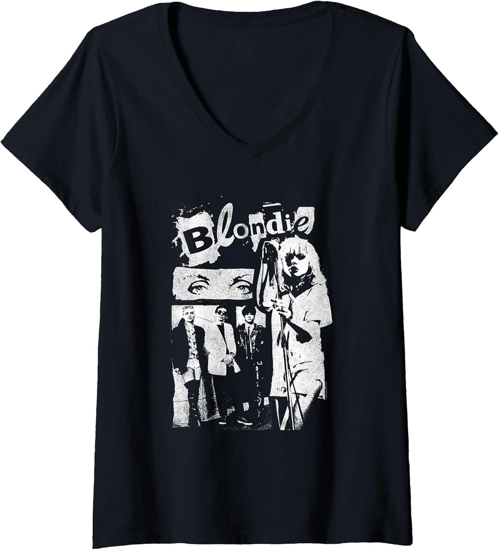 Women's Blondie Punk Zine Collage Vintage Band V-Neck T-Shirt