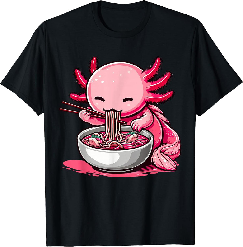 Funny Axolotl Noodle Gifts Anime Kawaii Axolotl Eating Ramen Noodles Unisex Kids Teen Adult T-Shirt Black Small