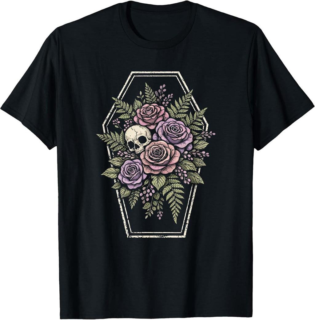 Skull Goth Flower Floral Coffin Grunge Dark Alt Aesthetic T-Shirt