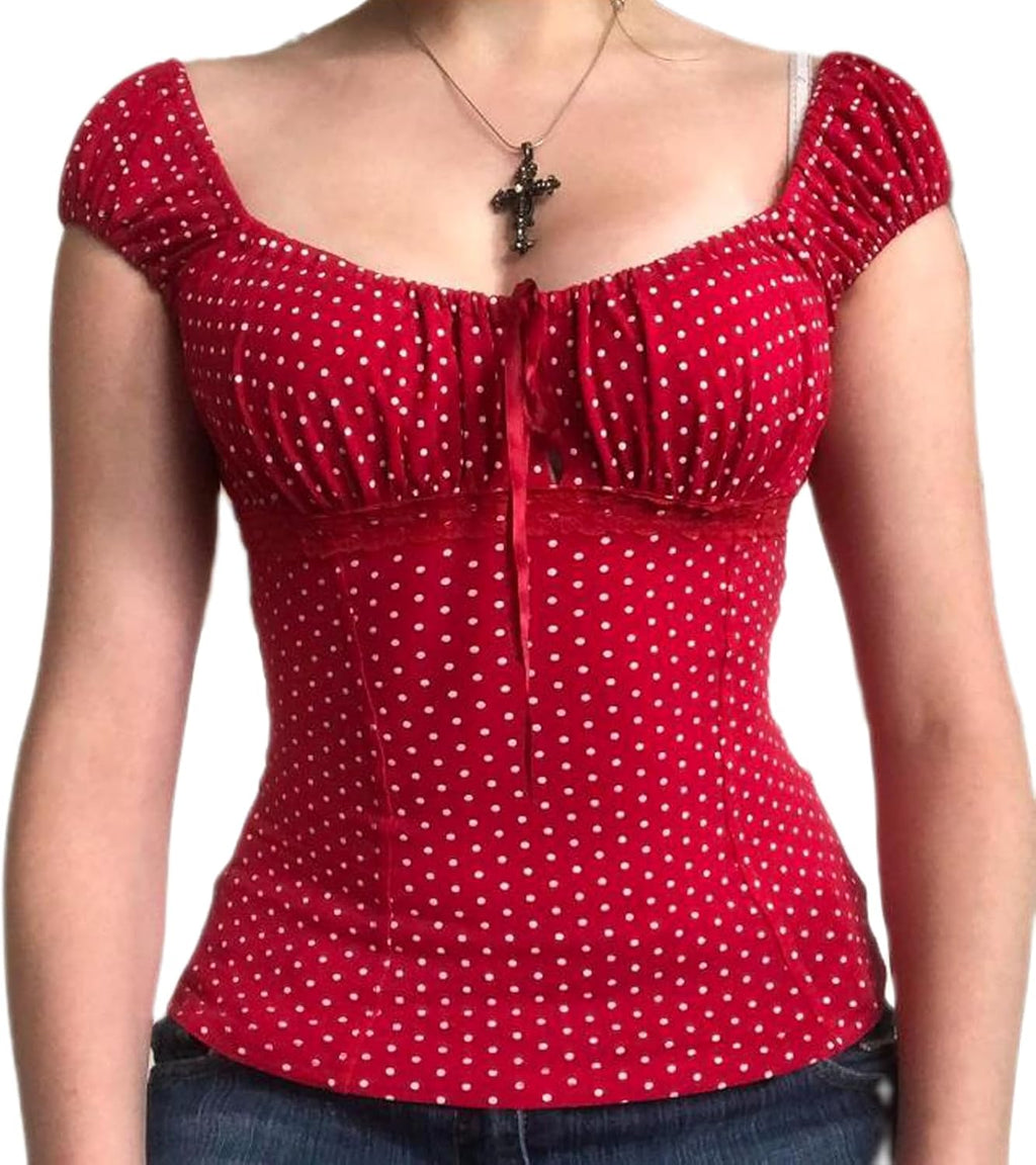 Women Fairy Grunge Shirt Summer Cap Sleeve Lace Up Polka Dot Milkmaid Tops Vinatge E-Girls Aesthetic Clothes