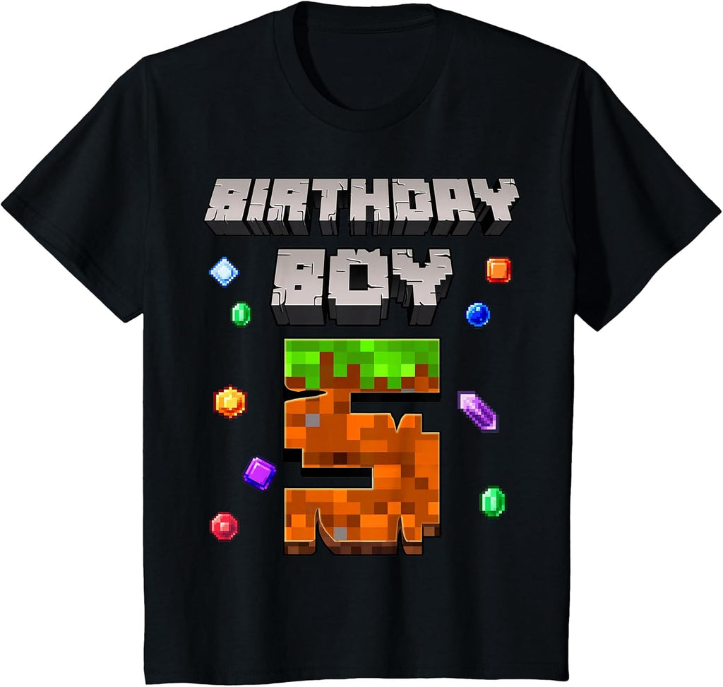 Kids 5th Birthday Boy 5 Video Gamer Pixel Number Five Bday Party T-Shirt