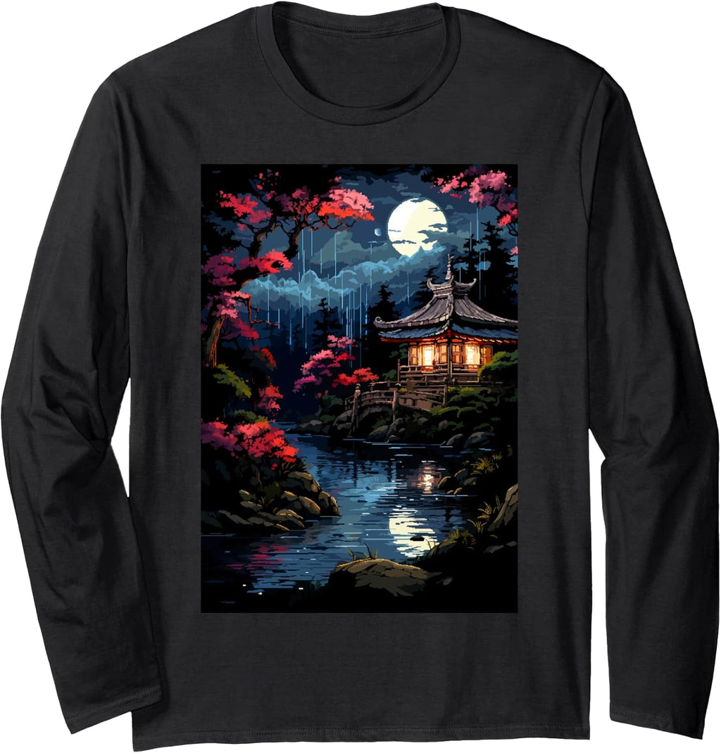 Zen Japanese Garden Peaceful Retro Pixel Art Long Sleeve T-Shirt