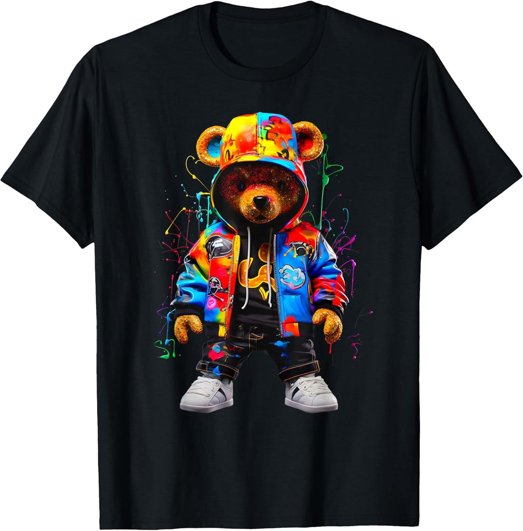 Hip-Hop Teddy-Bear Colorful Teddybear with Hoodie Graphic T-Shirt