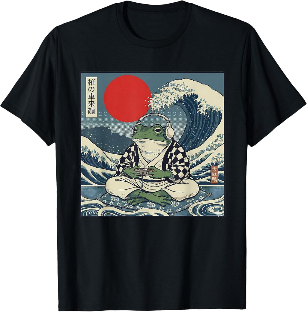 Retro Gaming Frog Ukiyo-e Pixel Art Japanese Great Wave T-Shirt