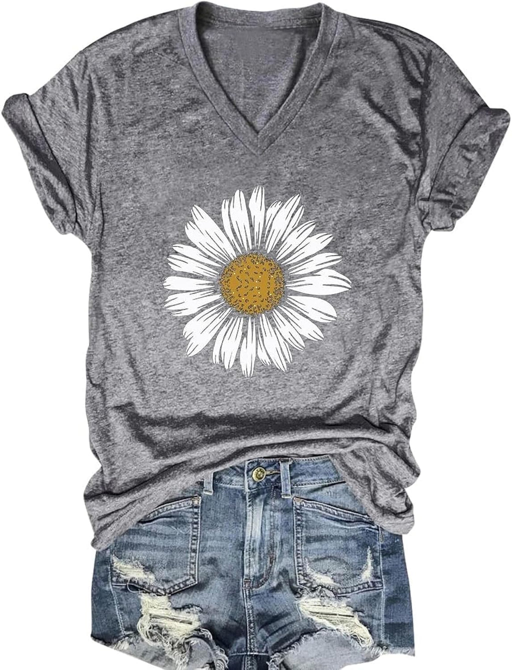Women's T-Shirts V-Neck Boho Flowers Wildflowers Tee Cute Summer Graphic Shirts Short Sleeve T Shirt
