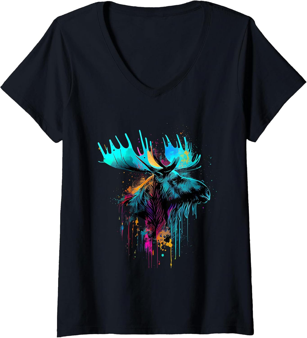 Womens Moose Lovers Colorful Pop Art Beautiful Moose V-Neck T-Shirt