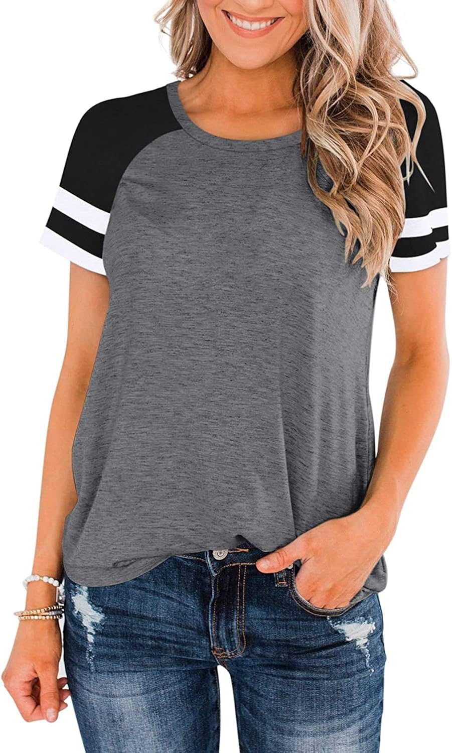 Womens Shirts Casual Tunic Tops Color Block Crewneck Summer Loose Fitting Workout Tee Shirts